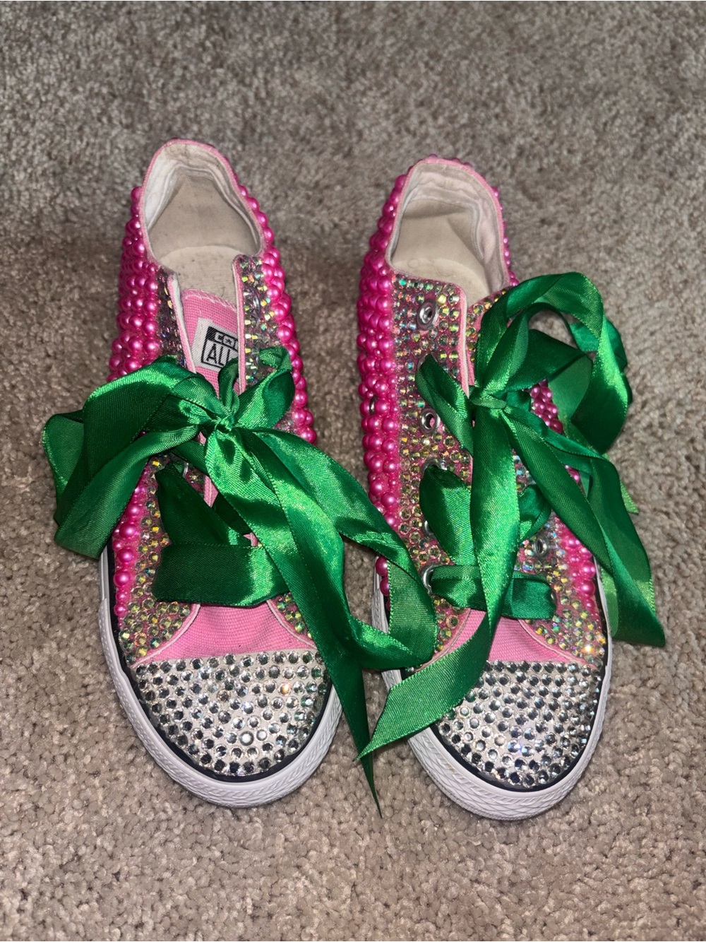 Custom AKA Bling Converse Sneakers Pink Pearls Green Ribbon Shoes Womens 7.5